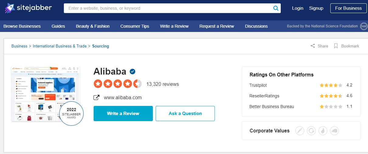 Sitejabber.com website screenshot of reviews