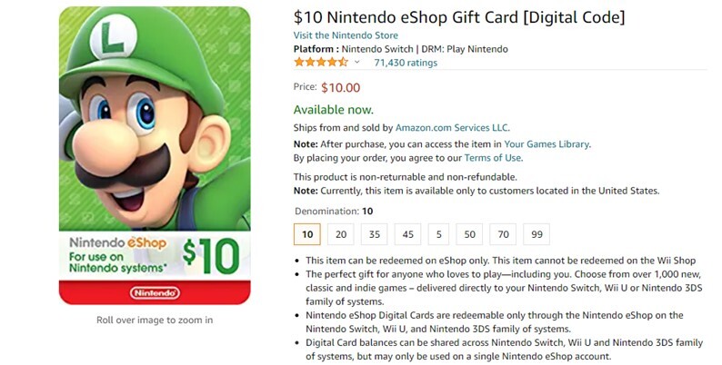 10 Nintendo eShop Gift Card