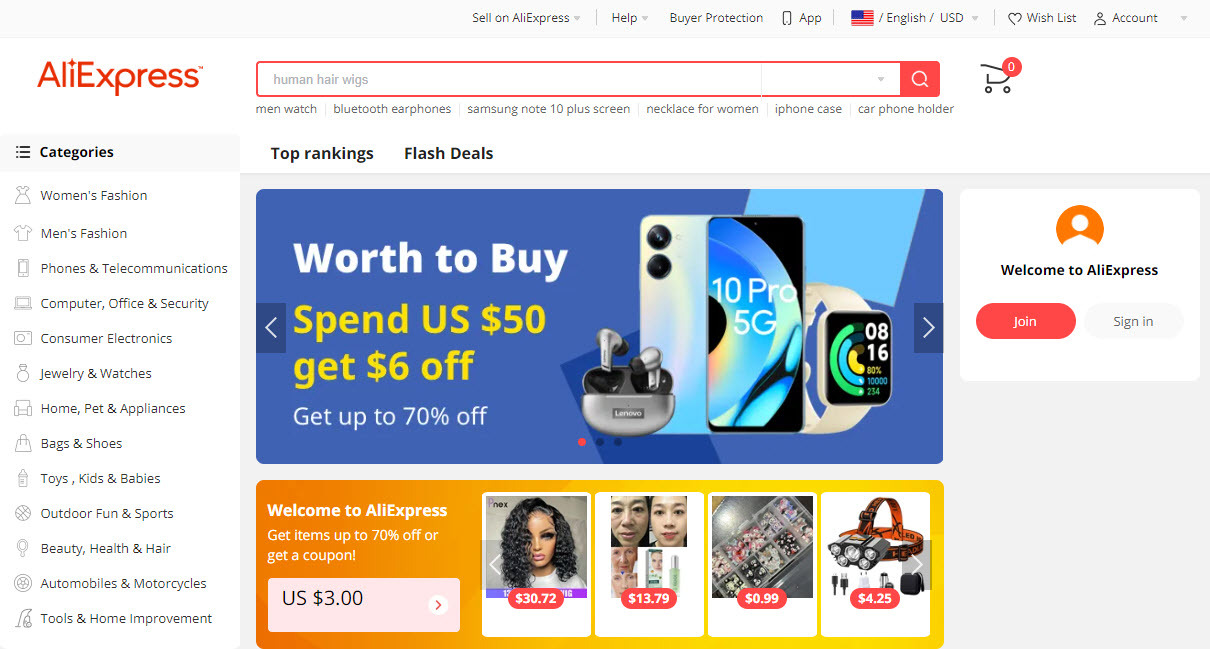 Homepage of Aliexpress website