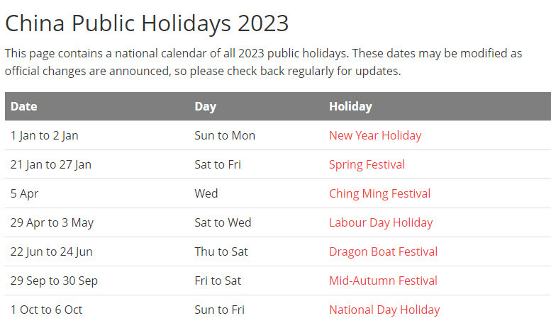 China Public Holidays 2023