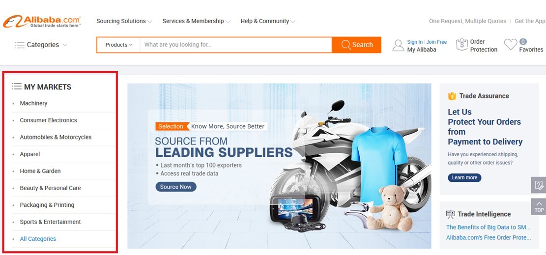 Homepage of Alibaba website