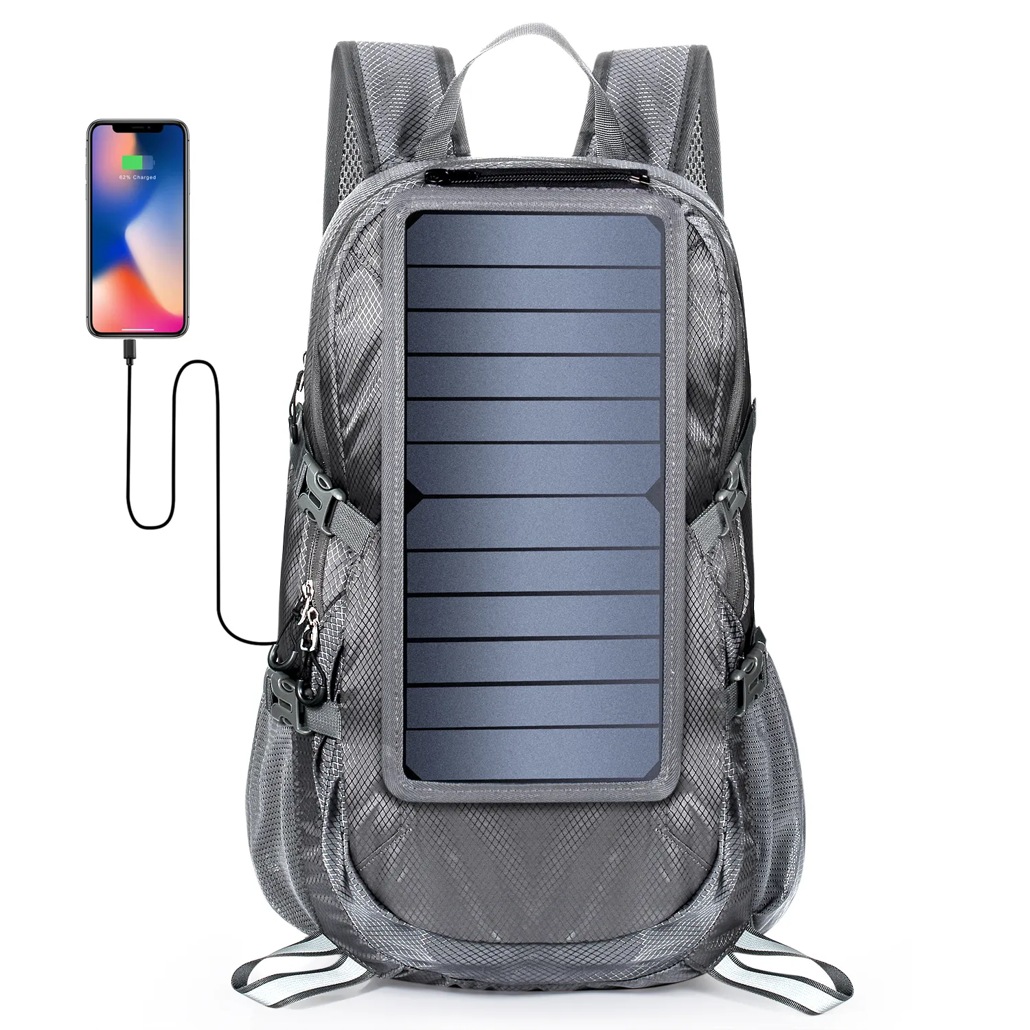 A descriptive and professional 3d art image of school bag having pption to  charging with help of solar panels on Craiyon